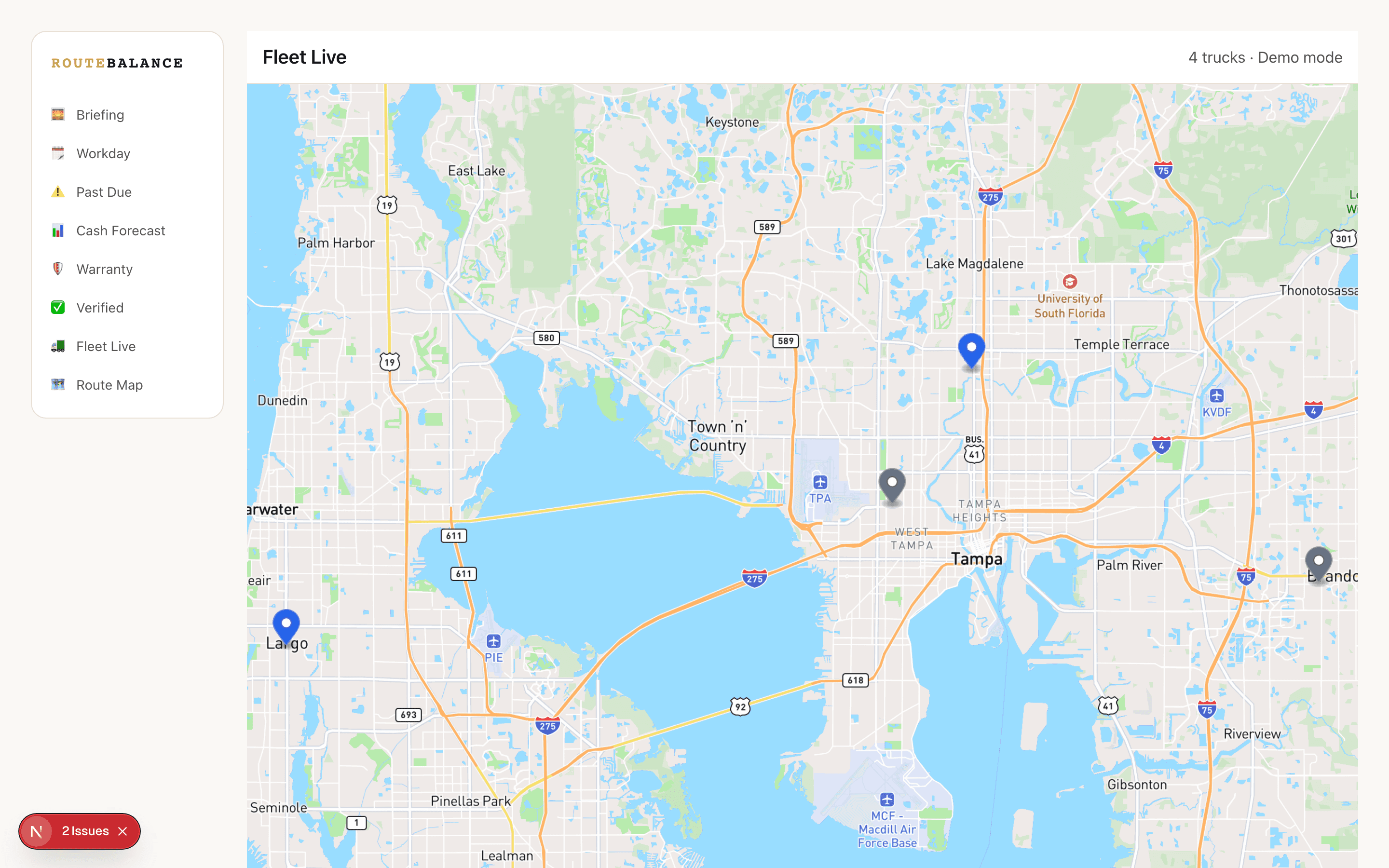 Route Balance fleet live map showing GPS positions of all trucks updated every 15 seconds