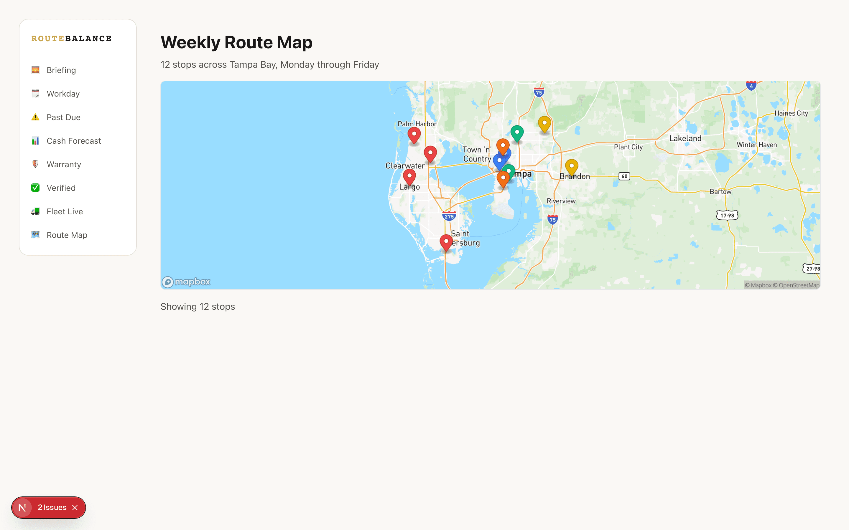 Route Balance weekly route map showing all stops plotted by call day in distinct colors